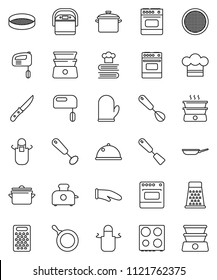 thin line vector icon set - pan vector, cook hat, apron, glove, whisk, spatula, knife, grater, oven, double boiler, cookbook, sieve, dish, mixer, multi cooker, toaster