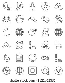 thin line vector icon set - toilet brush vector, glasses, world, pie graph, personal information, pound, pills, gymnast rings, oxygen, earth, music hit, stop button, refresh, loading, globe, 24 hour