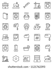 thin line vector icon set - washer vector, washing powder, mixer, tomography, gear, construction crane, card reader, dishwasher, coffee maker, meat grinder, blender, double boiler, sewing machine