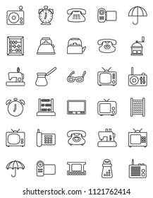 thin line vector icon set - washboard vector, kettle, hand mill, turk coffee, glasses, alarm clock, abacus, phone, umbrella, film frame, radio, tv, classic, video camera, sewing machine