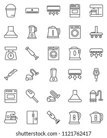 thin line vector icon set - vacuum cleaner vector, bucket, kettle, scales, oven, blender, air conditioner, fridge, washer, coffee maker, hood