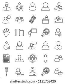 thin line vector icon set - blackboard vector, student, manager, man, personal information, horizontal bar, stairways run, client, speaking, group, disabled, crutches, head bandage, doctor, user