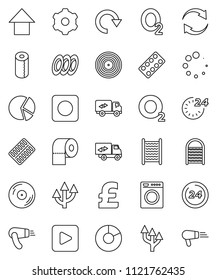 thin line vector icon set - washboard vector, toilet paper, plates, pie graph, arrow up, pound, oxygen, disk, play button, pills blister, gear, refresh, redo, loading, route, relocation truck