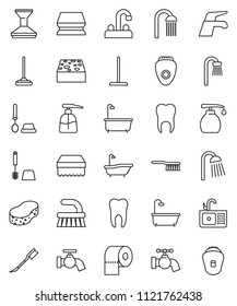 thin line vector icon set - water tap vector, fetlock, mop, sponge, car, bath, toilet brush, liquid soap, paper, shower, sink, tooth, epilator