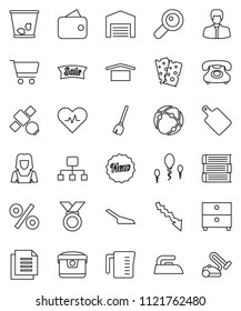 thin line vector icon set - broom vector, scoop, trash bin, iron, cleaner woman, measuring cup, cutting board, book, archive, cart, crisis, manager, medal, breads, satellite, phone, document, sperm