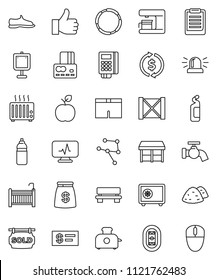 thin line vector icon set - water tap vector, cleaning agent, garbage pile, apple fruit, clipboard, presentation, exchange, credit card, safe, snickers, shorts, bottle, hoop, stadium, wood box, crib