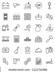 thin line vector icon set - broom vector, vacuum cleaner, trash bin, drying clothes, liquid soap, meat hammer, dish, pasta, book, school building, backpack, calculator, personal information, run