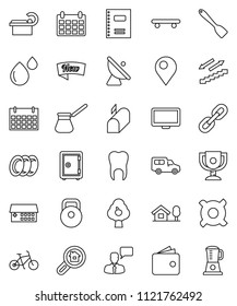 thin line vector icon set - plates vector, spatula, turk coffee, copybook, award cup, wallet, safe, calendar, any currency, bike, weight, skateboard, stairways run, car, satellite antenna, monitor