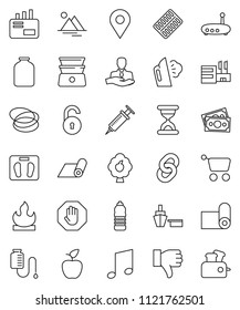 thin line vector icon set - steaming vector, double boiler, jar, apple fruit, music, scales, water bottle, fitness mat, hoop, money, client, port, flammable, finger down, syringe, sand clock, router