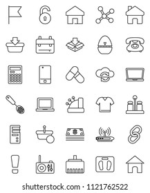 thin line vector icon set - cook timer vector, skimmer, spices, backpack, calculator, notebook pc, flag, scales, pills, phone, mobile, link, network, cloud exchange, lan connector, home, unlock