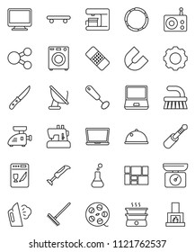 thin line vector icon set - fetlock vector, rake, steaming, whisk, knife, dish, magnet, skateboard, hoop, consolidated cargo, film spool, radio, notebook pc, jack, flask, patch, gear, share, washer