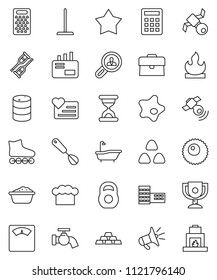 thin line vector icon set - mop vector, water tap, splotch, bath, foam basin, cook hat, whisk, grater, cereal, school building, award cup, case, gold ingot, scales, weight, roller Skates, satellite