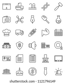 thin line vector icon set - cook hat vector, meat hammer, cake, pen, school building, document, flask, dollar coin, check, tie, calendar, stadium, muscule hand, shorts, pool, oxygen, camera, speaker