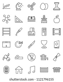 thin line vector icon set - car fetlock vector, knife, egg, corner ruler, apple fruit, table lamp, scissors, music, graph, credit card, bank building, shorts, no alcohol sign, stadium, satellite