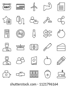 thin line vector icon set - knife vector, cake, pencil, document, exchange, auction, binder, tie, diet, fitball, muscule hand, molecule, no smoking, first aid kit, calendar, group, doctor, favorites