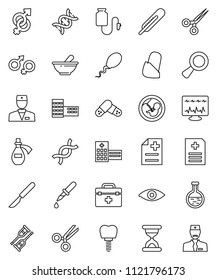 thin line vector icon set - school building vector, doctor bag, thermometer, flask, eye, gender sign, dna, magnifier, pregnancy, dropper, crutches, scissors, scalpel, sand clock, pills, mortar