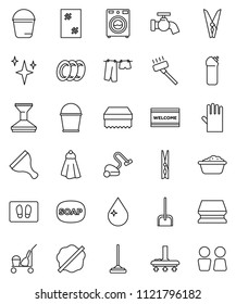 thin line vector icon set - soap vector, scraper, cleaner trolley, vacuum, mop, scoop, bucket, clothespin, sponge, towel, water drop, tap, car fetlock, shining, window cleaning, splotch, welcome mat