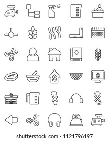 thin line vector icon set - sprayer vector, kettle, colander, measuring cup, steak, university, corner ruler, student, dollar growth, calendar, monitor, cereals, no hook, headphones, mortar, connect