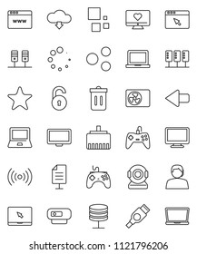 thin line vector icon set - trash bin vector, notebook pc, heart monitor, support, gamepad, favorites, hdmi, server, network, browser, lan connector, share, arrow, cloud download, loading, document