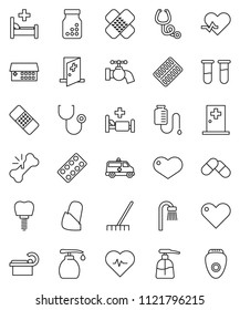 thin line vector icon set - rake vector, water tap, liquid soap, heart pulse, vial, broken bone, patch, stethoscope, pills, bottle, blister, hospital bed, building, amkbulance car, tomography, bath
