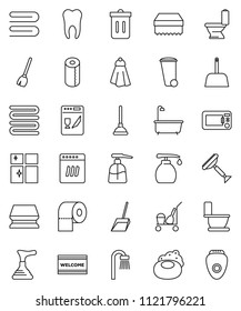 thin line vector icon set - soap vector, plunger, scraper, cleaner trolley, broom, scoop, sponge, towel, trash bin, welcome mat, bath, toilet, liquid, shining window, paper, tooth, dishwasher