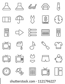 thin line vector icon set - spatula vector, mixer, glasses, music, piggy bank, annual report, clock, tie, calendar, shorts, swimsuite, t shirt, umbrella, satellitie, tv, menu, arrow, calculator