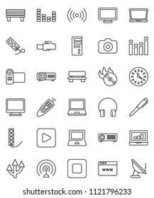 thin line vector icon set - pen vector, notebook pc, laptop graph, clock, music hit, camera, antenna, equalizer, remote control, headphones, play button, stop, browser, lan connector, bench, monitor