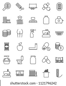 thin line vector icon set - toilet vector, washing powder, sprayer, colander, cookbook, jar, pasta, corner ruler, apple fruit, coin stack, money search, hierarchy, buttocks, pills, stadium, toaster