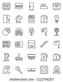 thin line vector icon set - vacuum cleaner vector, iron, kettle, mixer, oven, double boiler, table lamp, tv, rca, air conditioner, ari condition, fridge, power plug, multi cooker, blender, fan, bulb