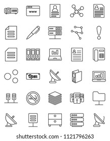 thin line vector icon set - pen vector, document, archive, personal information, laptop graph, binder, no smoking, attention, satellite antenna, network, server, folder, big data, browser, share