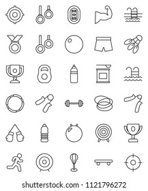 thin line vector icon set - award cup vector, target, barbell, weight, hand trainer, punching bag, fitball, muscule, boxing glove, shorts, skateboard, medal, sports nutrition, water bottle, pool