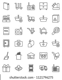thin line vector icon set - scoop vector, washing powder, cereal, pasta, archive, safe, first aid kit, cargo, no trolley, warehouse, search, radio, mailbox, relocation truck, gift, cashbox, basket