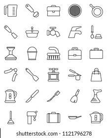 thin line vector icon set - plunger vector, broom, water tap, fetlock, bucket, car, toilet brush, pan, kettle, measuring cup, cook press, spatula, ladle, sieve, case, hand trainer, scalpel, supply