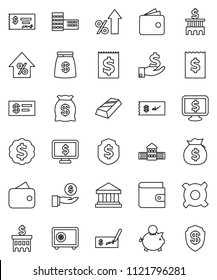 thin line vector icon set - school building vector, bank, gold ingot, wallet, percent growth, money bag, piggy, investment, check, receipt, dollar medal, shield, safe, monitor, any currency