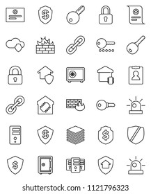 thin line vector icon set - certificate vector, personal information, dollar shield, safe, protected, link, cloud, big data, server, firewall, chain, siren, key, lock, smart home, protect, password