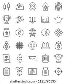 thin line vector icon set - graduate hat vector, clipboard, award cup, certificate, graph, pie, japanese candle, money bag, dollar growth, target, medal, cent sign, stairways run, top, favorites