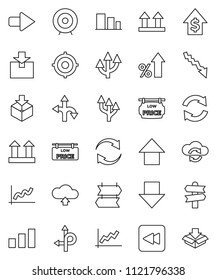 thin line vector icon set - graph vector, crisis, percent growth, dollar, target, arrow down, up, route, signpost, top sign, package, sorting, backward button, cloud exchange, refresh, upload