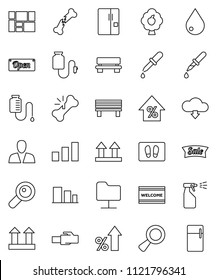 thin line vector icon set - water drop vector, welcome mat, sprayer, percent growth, consolidated cargo, top sign, sorting, magnifier, dropper, broken bone, counter, network folder, lan connector