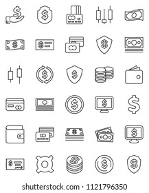thin line vector icon set - exchange vector, dollar coin, japanese candle, credit card, wallet, cash, investment, stack, check, shield, monitor, any currency, sign, money