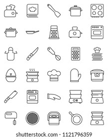 thin line vector icon set - pan vector, cook hat, apron, glove, timer, whisk, spatula, knife, grater, oven, double boiler, cookbook, sieve, mixer, multi cooker, toaster