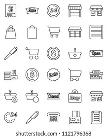 thin line vector icon set - pen vector, dollar coin, cart, credit card, office, shelving, sale, open, closed, 24 hour, shopping bag, market, store, mall, buy, receipt, basket, list