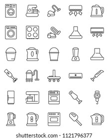 thin line vector icon set - vacuum cleaner vector, bucket, kettle, scales, oven, blender, air conditioner, fridge, washer, coffee maker, hood