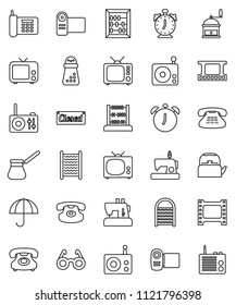 thin line vector icon set - washboard vector, kettle, hand mill, turk coffee, glasses, alarm clock, abacus, phone, umbrella, film frame, radio, tv, classic, closed, video camera, sewing machine