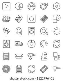 thin line vector icon set - washboard vector, toilet paper, plates, pie graph, pound, oxygen, disk, play button, rec, pills blister, gear, refresh, redo, loading, route arrow, relocation truck