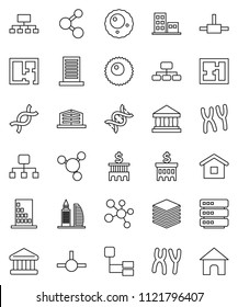 thin line vector icon set - molecule vector, bank, building, hierarchy, dna, chromosomes, ovule, connect, big data, plan, apartments, office, home