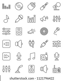 thin line vector icon set - music vector, disk, microphone, radio, speaker, loudspeaker, settings, equalizer, forward button, backward, rca, jack