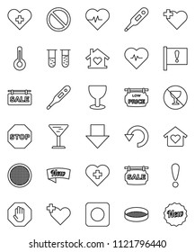thin line vector icon set - sieve vector, arrow down, heart pulse, prohibition sign, no alcohol, cross, attention, glass, rec button, thermometer, vial, undo, stop, sale signboard, low price, new