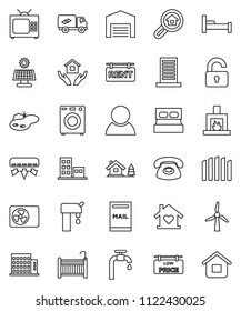 thin line vector icon set - house hold vector, chalet, pond, mailbox, solar panel, windmill, water supply, barn, fence, rent signboard, low price, apartments, search estate, consumer, unlock, crib