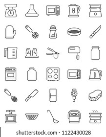 thin line vector icon set - sponge vector, kettle, colander, measuring cup, scales, cook glove, press, skimmer, ladle, knife, hand mill, microwave oven, double boiler, spices, sieve, jar, fridge