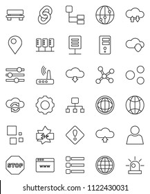 thin line vector icon set - world vector, internet, network, server, disconnection, cloud shield, exchange, browser, gear, equalizer, menu, router, share, bench, upload, download, loading, chain